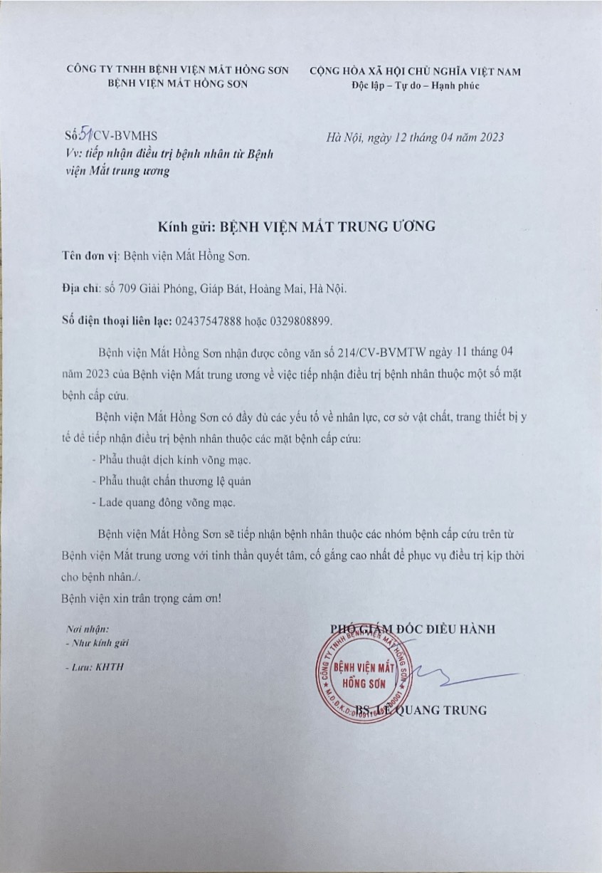 Bệnh viện Mắt Hồng Sơn luôn sẵn sàng tiếp nhận điều trị bệnh nhân với tinh thần quyết tâm, cố gắng cao nhất để phục vụ điều trị kịp thời cho bệnh nhân. 