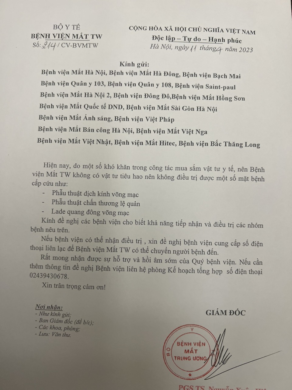 Ngày 11 tháng 04 năm 2023, Bệnh viện Mắt Hồng Sơn nhận được công văn số 214/CV-BVMTW của Bệnh viện Mắt trung ương với nội dung: