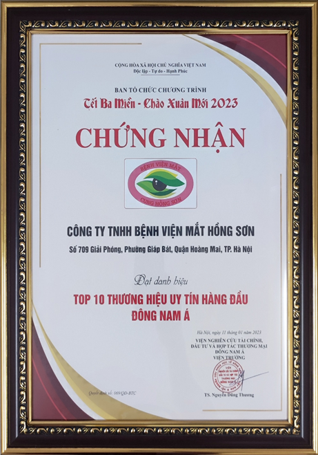 BV mắt Hồng Sơn đạt giải Top 10 Thương hiệu uy tín hàng đầu Đông Nam Á