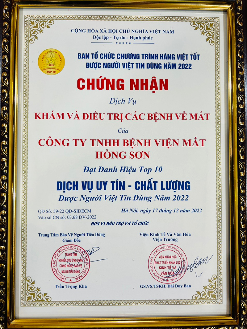Bệnh Viện Mắt Hồng Sơn được vinh danh Top 10 Dịch Vụ được người Việt tin dùng năm 2022